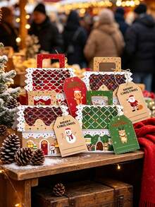 48/24/3pcs Christmas House Design Candy Boxes, Gingerbread House Snack Kraft Paper Packaging Box Set, Christmas Gift Box, Red, Beige, Green Set, Christmas Decoration, Christmas Pajamas, Christmas Gift - One Size Fits All - View 5