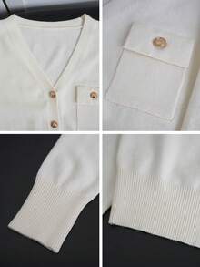 2026 Autumn/Winter New Elegant V-Neck Knitted Cardigan Women's Exquisite Metal Button Pocket Design Slim Fit Short Outerwear Sweater - Apricot - View 10