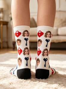 Custom Heart & Lock Key Print Crew Socks, Romantic I Love You Personalized Photo Mid-Calf Gift Socks For Women - White - View 4
