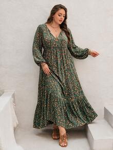 Rusttydustty Plus Size Women's Autumn Floral V-Neck Tie Ruffle Patchwork Long Sleeve Dress, Suitable For Autumn/Winter Vacation Elegant - Green - View 2