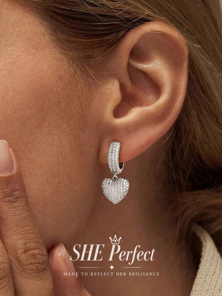 1 Pair Shiny Zirconia Heart-Shaped Earrings, Suitable For Women's Daily Wear, Wedding Party, Birthday Anniversary Jewelry Gift