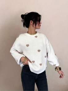 Women's Plus Size Heart Pattern Round Neck Drop Shoulder Long Sleeve Casual Sweater - White - View 2