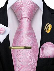 5Pcs Men Pink Paisley Jacquard Tie Pocket Square Cufflinks Tie Clip Ring Set, Cufflinks Pattern Random For Wedding - Pink - View 1