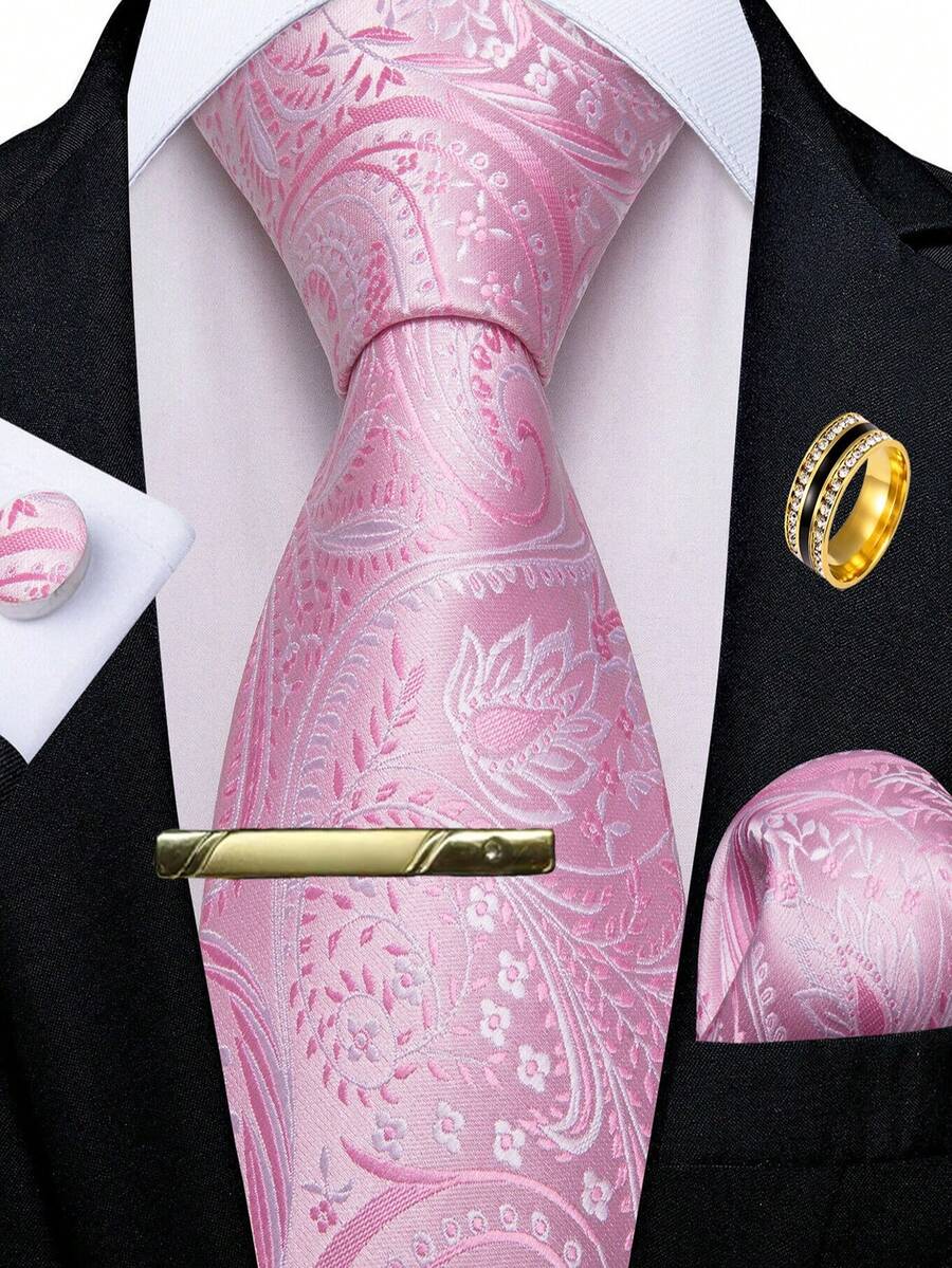 5Pcs Men Pink Paisley Jacquard Tie Pocket Square Cufflinks Tie Clip Ring Set, Cufflinks Pattern Random For Wedding - Pink - View 1
