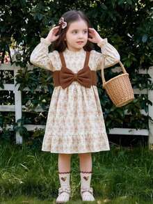 Young Girls Autumn/Winter Gentle Floral Long Sleeve + Big Bow Princess Dress - Khaki - View 3