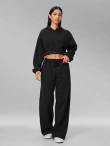 MFVIM Women's Autumn/Winter New Short Zip-Up Hoodie + Sweatpants 2pcs Versatile Sports Casual Set - Premium Black - View 8