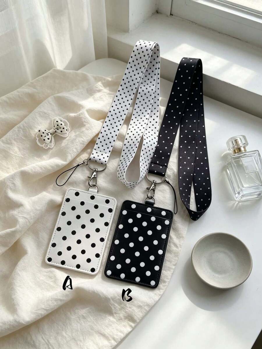 1pc Black & White Polka Dot Print PU Leather ID Card Holder With Matching Lanyard, Student Campus Bus Access Badge Protector, Student ID & Transit Card Sleeve, Suitable For Office Workers And Students Daily Use - Rectangle - View 1