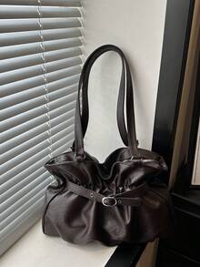 1pc Coffee Brown Large Capacity Solid Color PU Pleated Tote Bag Women Shoulder Bag - Coffee Brown - View 3