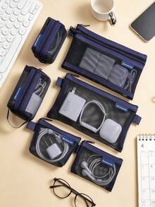 6pcs Minimalist Transparent Mesh Storage Bag Set, Mesh Makeup Bag, Portable Coin Purse, Stationery Pencil Case, Zippered Travel Toiletry Bag, Suitable For Home Office Cable Organizer, Portable Coin Purse For Cards, Keys And More - B - View 16