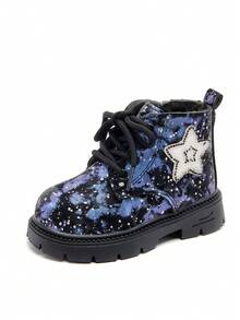 Sepatu Boot Anak Perempuan Motif Langit Berbintang dengan Lapisan Fleece Tebal, Ritsleting Samping, Sol Lembut Anti-Selip, Sepatu Boot Pergelangan Kaki Hangat untuk Bayi Musim Gugur/Dingin - Biru - View 6