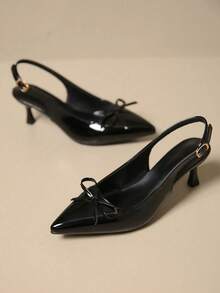 Giày cao gót nữ slip-on thời trang, mặt trên PU bóng trang trí nơ, gót cao, có chun sau, phù hợp đi làm văn phòng, tiệc tùng, tụ họp - màu đen - Xem 2