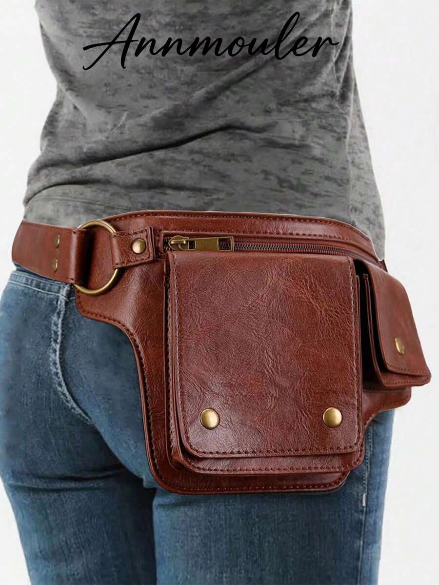 Punk Style Retro PU Leather Waist Bag - Outdoor Sports Travel Crossbody Bag - Rust Brown - View 1