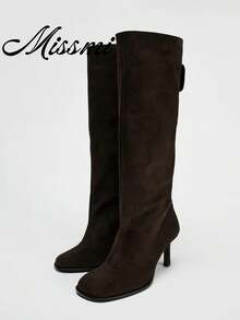 New Pointed Toe High Heel Tall Boots Vintage Style Wide Shaft Knee-High Stiletto Heel Riding Boots - Brown - View 1