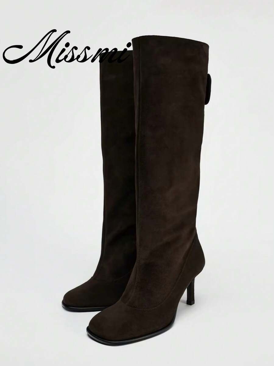 New Pointed Toe High Heel Tall Boots Vintage Style Wide Shaft Knee-High Stiletto Heel Riding Boots - Brown - View 1