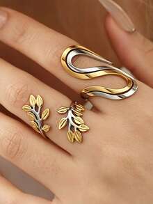 Stainless Steel Oval Open Ring For Women, Hot Selling Simple Geometric Line Leaf Design, Niche Versatile Fashion Finger Jewelry - Multicolor - View 3