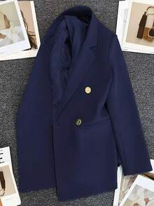 Spring/Summer Women's Solid Color Long Sleeve Double-Breasted Blazer, Notch Lapel | Suitable For Dates, Parties, Outings And Holiday Celebrations - Navy - View 2