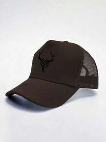 1pc Men's Deer Horn Embroidered Baseball Mesh Cap, Outdoor Adjustable Sun Protection Casual Hat, Suitable For Spring/Summer Travel, Beach Party Wear - Coffee Brown - View 1