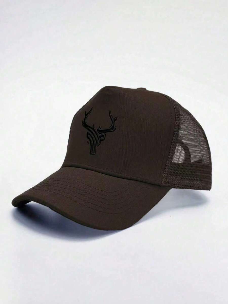 1pc Men's Deer Horn Embroidered Baseball Mesh Cap, Outdoor Adjustable Sun Protection Casual Hat, Suitable For Spring/Summer Travel, Beach Party Wear - Coffee Brown - View 1