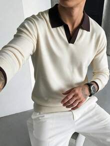Men's Contrast Collar Long Sleeve Knit Pullover, Business Casual Style Fashion Top - Apricot - View 1