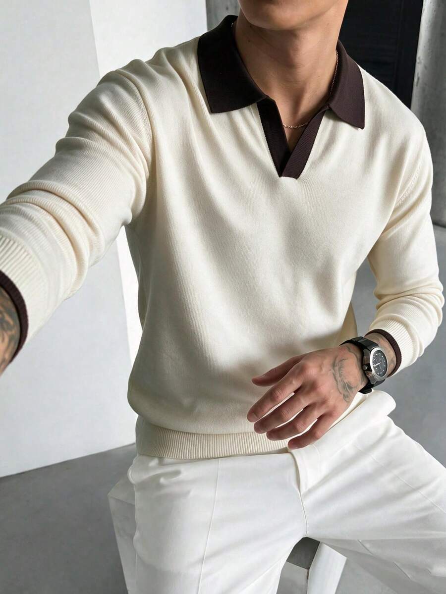 Men's Contrast Collar Long Sleeve Knit Pullover, Business Casual Style Fashion Top - Apricot - View 1