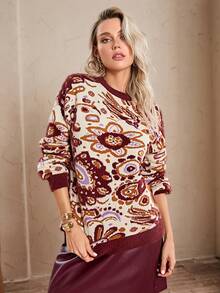 Simplee Women's Autumn/Winter New Fashion Comfortable Fuzzy Floral Print Crew Neck Sweater, Suitable For Commuting And Casual Wear - Burgundy - View 4