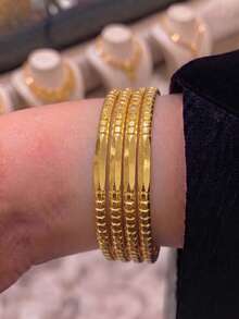 4Pcs 24K Gold Plated Closed Bangle Set, Rust-Resistant Gold Alternative Sectioned Bamboo-Joint & Smooth Metal Solid Bracelet Fine Jewellery - 01 - View 8