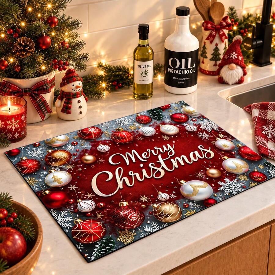 1pc Christmas Themed Printed Pattern Dish Drying Mat, Kitchen Countertop Bowl & Plate Rubber Bottom Drying Pad, Party Decoration, Super Absorbent Hidden Stain Dish Drying Mat, Soft Diatomaceous Earth With Rubber Backing Multi-Functional Kitchen Home Mat, Quick Dry Mat For Coffee Machine & Dish Rack, Kitchen Countertop Coffee Mat & Dish Drying Pad - LL LSD032 - View 1