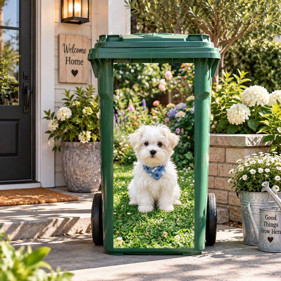 1pc Cool Doberman Dog Trash Can Sticker, Waterproof UV-Resistant Vinyl Trash Can Decal, Hip Hop Fashion Glasses Gold Chain Pet Dog Pattern Outdoor Garden Yard Home Decor, Easy Peel DIY Home Decoration Sticker - Kubin Bucket Sticker - View 1