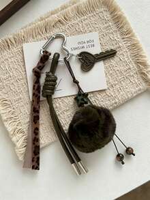 1PC Vintage Brown & Green Colorblock Pom Pom Bag Charm, Leopard Print Woven Strap Retro Key Pendant With Carabiner Backpack Accessory - Multicolor - View 8