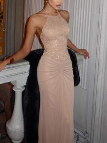 Elegant Sequin Halter Maxi Party Dress Women Sexy Backless Ruched Bodycon Evening Dresses Fall Winter Gown For Wedding Guest Night Out Christmas - Khaki - View 2
