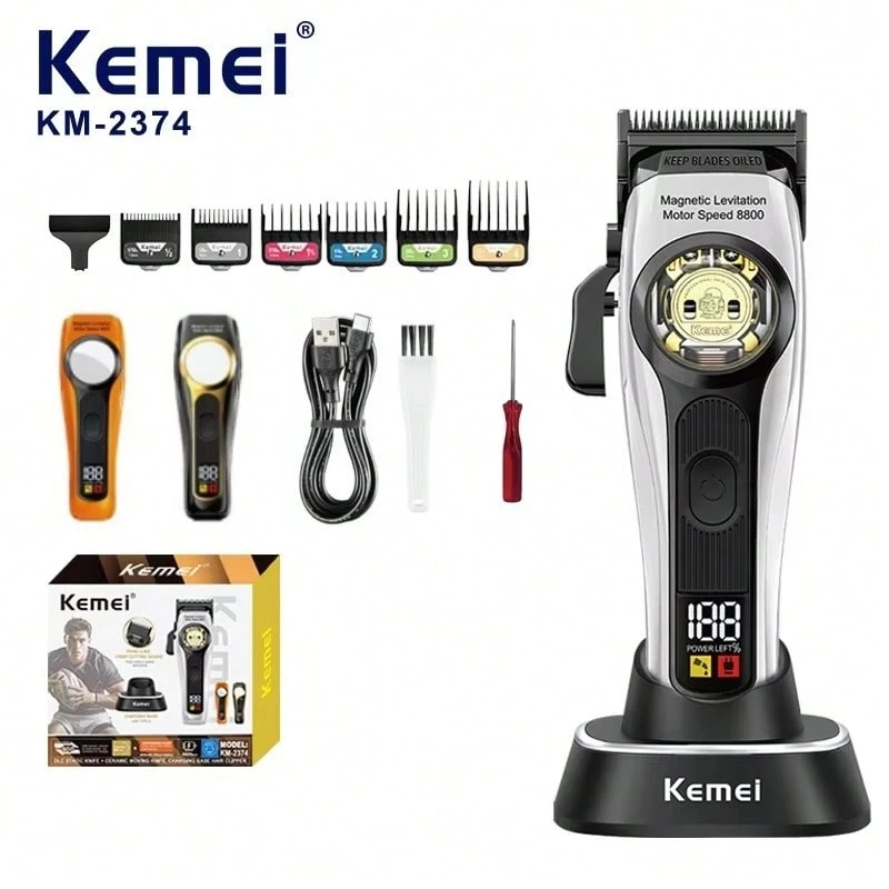 KEMEI KM-2374 Luxury Hair Clipper, DLC Coated Adjustable Blade, Magnetic Motor Quiet Powerful, 3000mAh Battery USB Charging Dock Fast Charge, LED Display Battery Level, Interchangeable Color Covers, Great For Salon & Home - View 1
