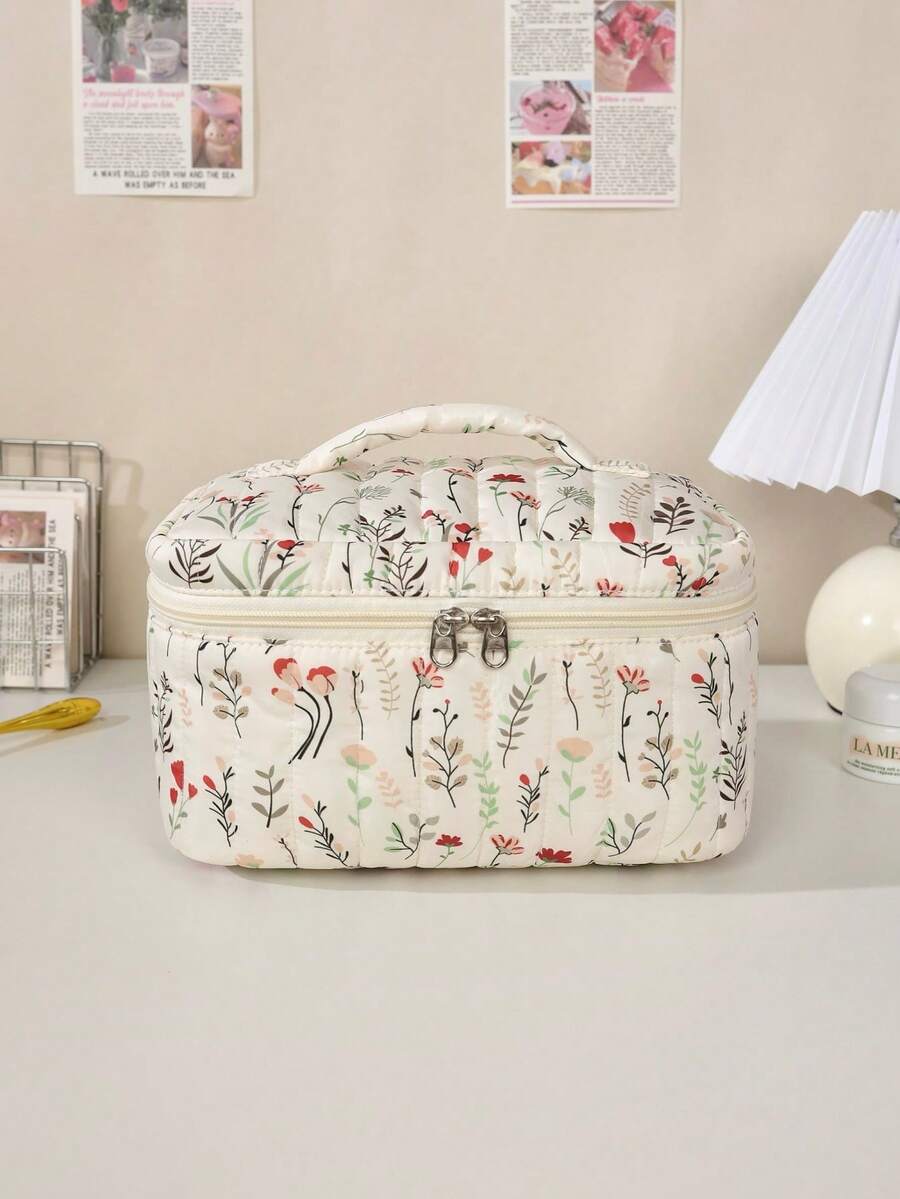Floral Quilted Makeup Bag With Handle, Large Capacity Double Zipper Cosmetic Organizer For Makeup, Brushes And Toiletries, Portable Travel Storage Case For Women