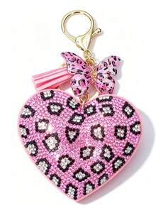 Creative Personalized Heart-Shaped Leopard Print Rhinestone Keychain Bag Charm Pink & Minimalist Daily Wear Gift Key Chain - Multicolor - View 9