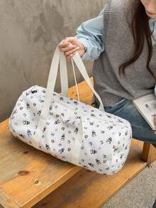 Cartoon Bear Print Cylinder Duffle Bag, White Large Capacity Portable Shoulder Bag Casual Gym Overnight Weekender Travel Bag - Multicolor - View 11