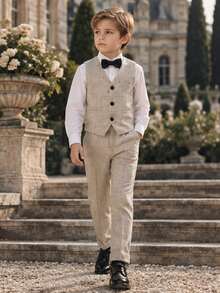 New Boys' Suit Tuxedo, Host Piano Formal Wear, Wedding Flower Boy Outfit, Striped Boys' Tuxedo, Wedding Flower Boy F Tuxedo 3 Pieces Set, Vest + Pants + Bow Tie Set - Khaki - View 1