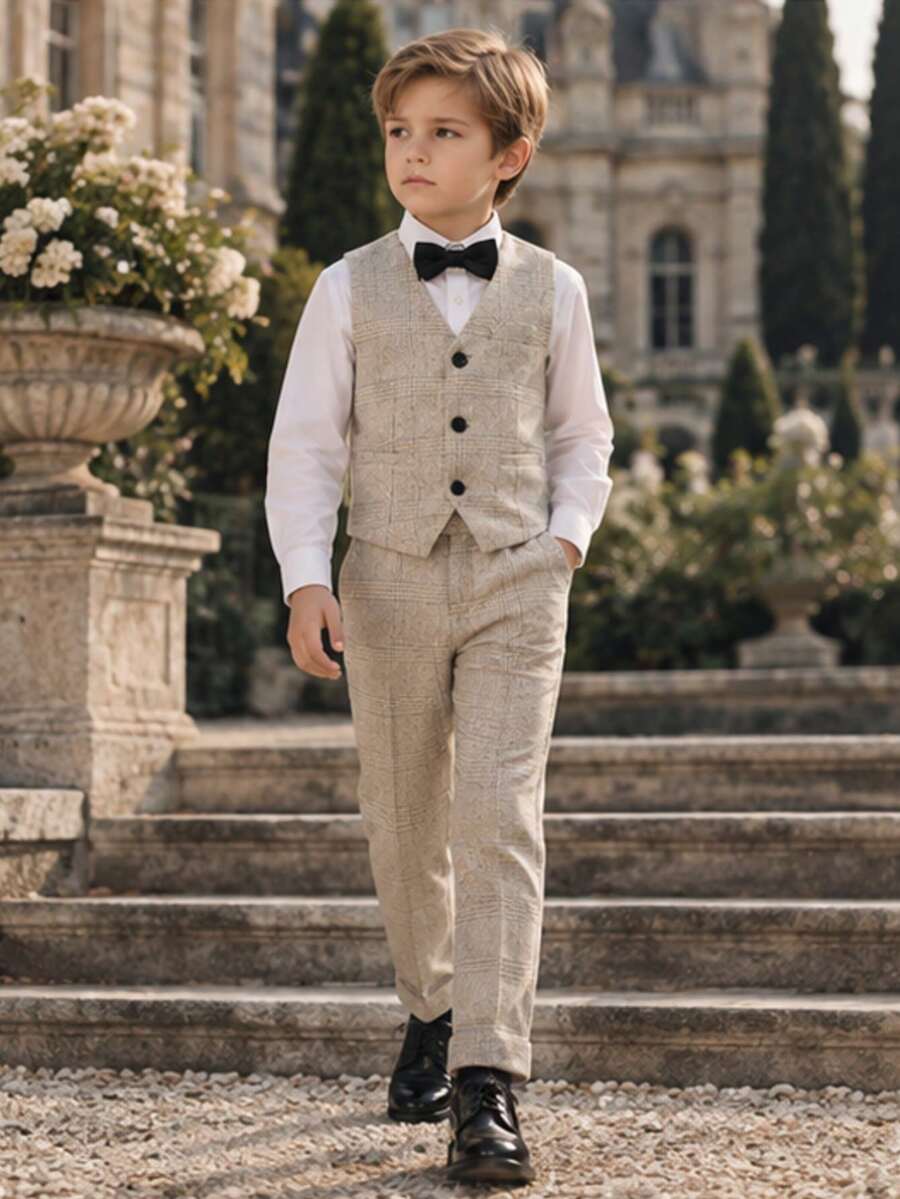 New Boys' Suit Tuxedo, Host Piano Formal Wear, Wedding Flower Boy Outfit, Striped Boys' Tuxedo, Wedding Flower Boy F Tuxedo 3 Pieces Set, Vest + Pants + Bow Tie Set - Khaki - View 1