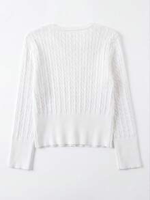 V-Neck Long Sleeve Cable Knit Cardigan - White - View 3