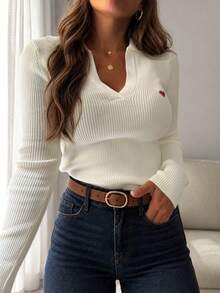 Women's Fashion Casual V-Neck Regular Shoulder Long Sleeve Heart Embroidery Pattern Premium Daily Commute Knit Top, All Seasons - White - View 5
