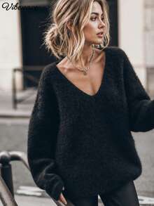 VIBEWAVE Sweater Rajut Lembut dan Halus Leher V Dalam Musim Gugur/Dingin, Bahu Jatuh Longgar Lengan Lebar Gaya Vintage untuk Perjalanan Jalanan - Hitam - View 2