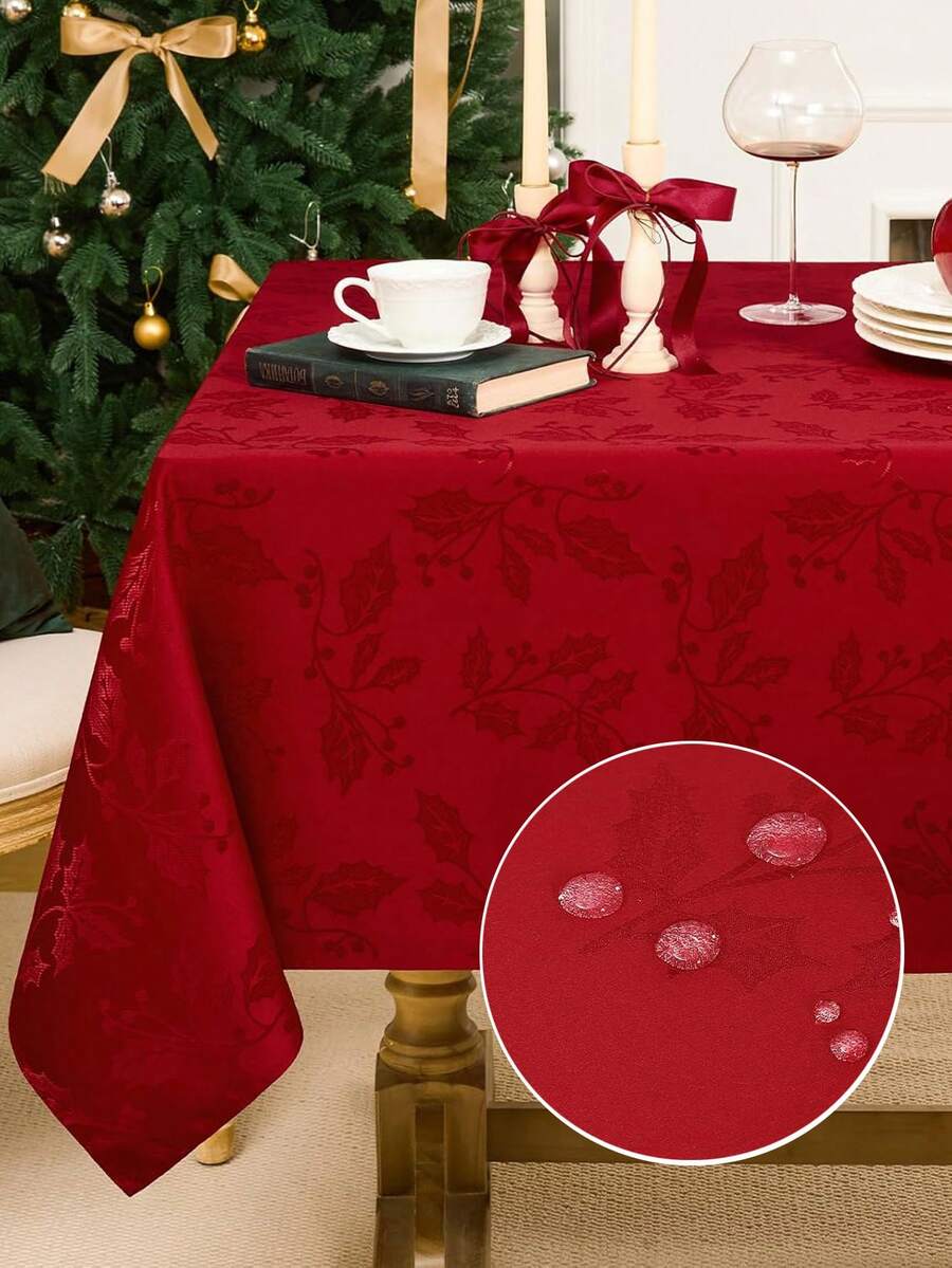 1pc Splash-Proof Winter Holly Element Pattern Jacquard Decorative Tablecloth Cover, Washable Polyester Fabric, Multiple Sizes Square Dining Table Cloth, Suitable For Decoration, Dinner, Gathering, Event, Party Etc. - Red - View 1