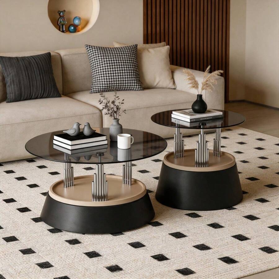 Set Of 2 Coffee Tables With Glass Top - Modern Stackable Design For Living Room, Tempered Glass, Metal Frame, Space-Saving, Approx. - Black + Glass+Metal - View 1