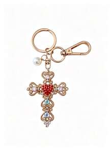 1pc Luxury Exquisite Rhinestone Heart Cross Car Keychain, Metal Cute Pearl Unisex Couple Bag Pendant Key Chain Ring Fashion Small Gift Design Bag Accessory - Multicolor - View 5