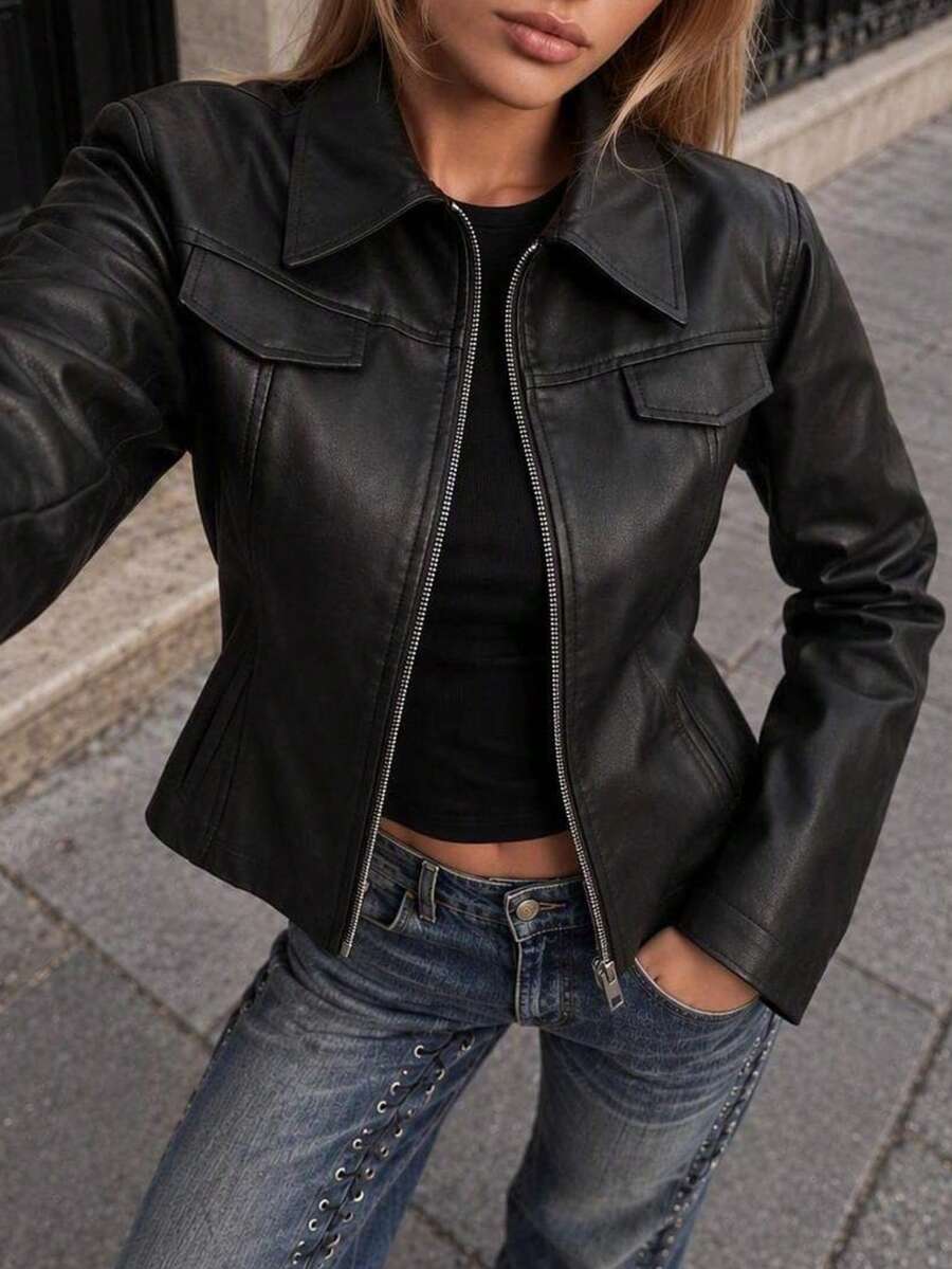 Women's Black PU Leather Zip-Up Utility Jacket - Winter & Autumn Structured Outerwear With Point Collar & Chest Flap Pockets For Modern Chic Style