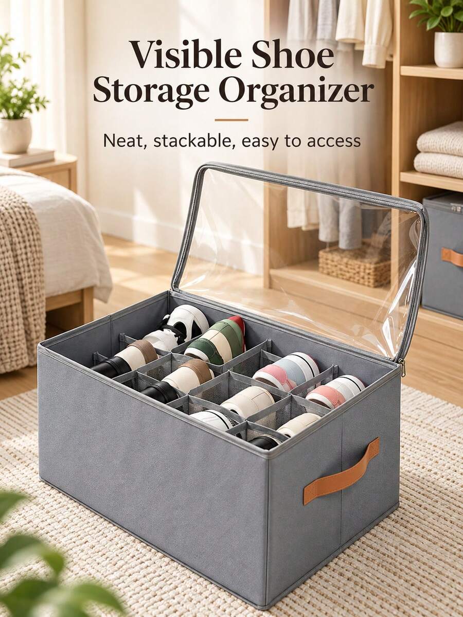 Foldable Under Bed Shoe Storage Organizer Box Heavy Duty Washable Oxford Fabric Dustproof Container With Clear Window Sturdy Handles Zippers For Sneakers Heels Closet Space Saving College Dorm Spring Cleaning Clothes Setup, Storage Box