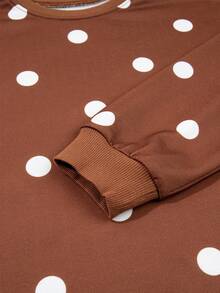 Acelitt Spring/Autumn Casual Polka Dot Print Crew Neck Loose Oversized Sweatshirt & Pants Set, Suitable For Daily Shopping, Outings And Vacations - Brown - View 7