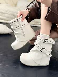 Sepatu Boots Combat Wanita Gaya Gothic Punk Putih Kulit PU Setengah Betis Ujung Bulat Slouchy Kerut Tumit Wedge Tersembunyi Tali Gesper Ganda Eyelet Logam Hot New - Putih - View 2