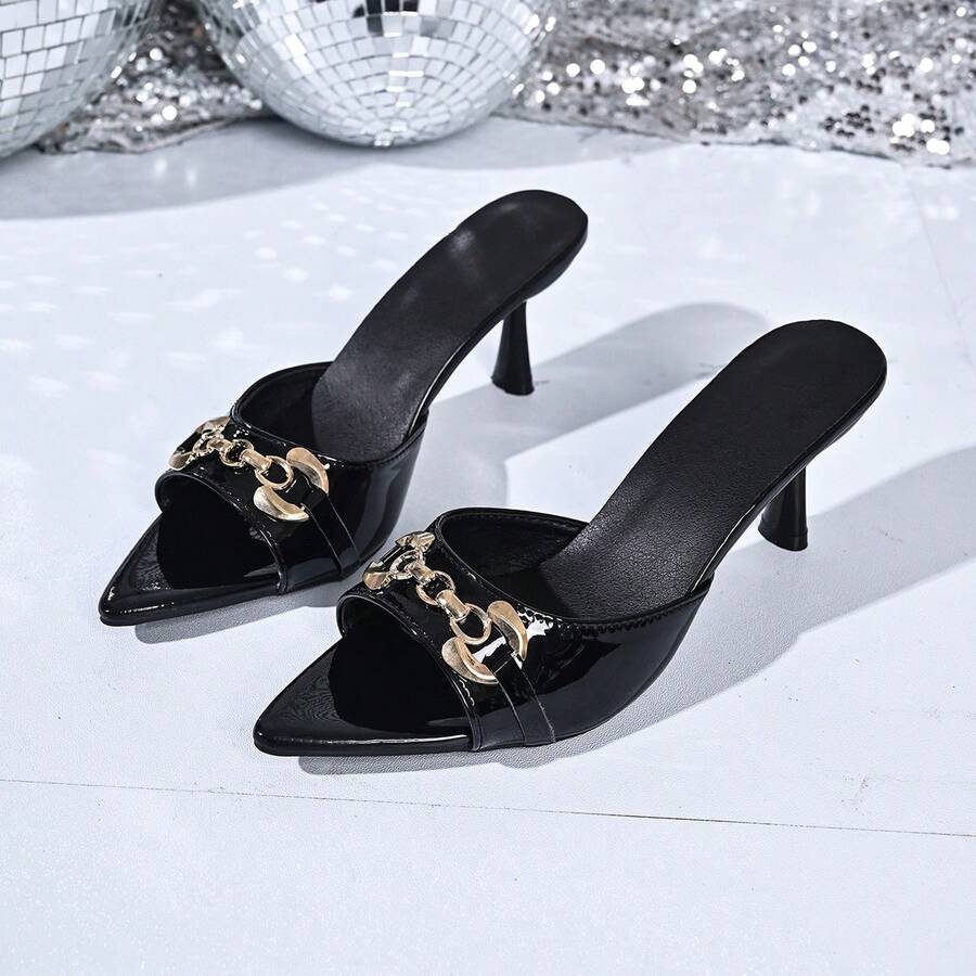 Women's Pointed Toe Stiletto High Heel Mule Sandals, Suede One Strap Open Toe Open Back Slip-On Slippers, Solid Color Fashion Party Banquet Dress Shoes, Summer - Black - View 1