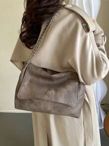 Tas Tangan Wanita Bergaya Vintage, Tas Bahu Rantai Serbaguna Musim Gugur/Dingin, Tas Tote Selempang Kapasitas Besar, Cocok untuk Perjalanan Kerja/Pergi ke Kantor, - Kopi - View 2