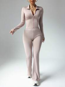 Women's Solid Color Long Sleeve Top And Fitted Sports Pants Set, Suitable For Fitness And Workout - Dusty Pink - View 7