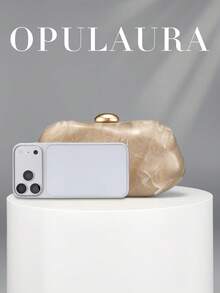 OpulAura 1件金色歐美風女士壓克力晚宴手拿包，不對稱方盒設計搭配對比色搭扣，適合派對、宴會/婚禮、情人節場合 - 杏色 - 查看 3